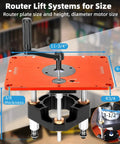 Rock Solid Router Table Lift System With Zero Play For Three Point Five Inch Motor Diameters And Premium Upgraded Base Kit, top view with handle and dimensions