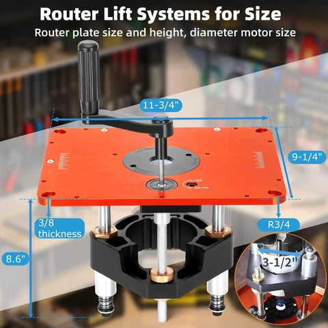 Rock Solid Router Table Lift System With Zero Play For Three Point Five Inch Motor Diameters And Premium Upgraded Base Kit, top view with handle and dimensions
