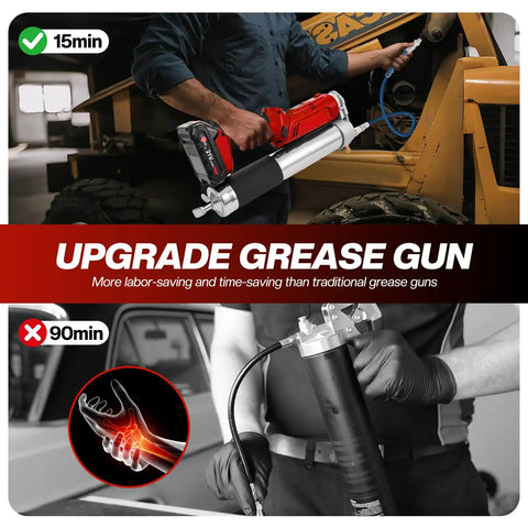 Mechanic using 2 In 1 Cordless Electric Grease Gun Kit With 12000 PSI Output, 5.3 Oz Per Min, Dual Pistol And Straight Grip.