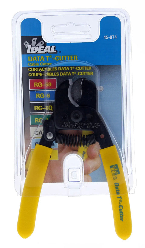 Hella Versatile Data T Cutter Wire Tool For Structured Networks And Coax Cables Up To Rg 11 in packaging, showing large jaw and yellow grips.