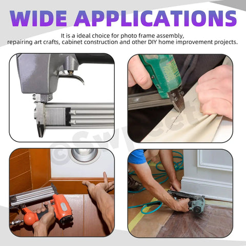 No Sweat 1609 Piece Pneumatic Staple And Nail Bundle Featuring 18 Gauge Narrow Crown Staples Plus 5/8 Inch Brad Nails in various DIY applications.