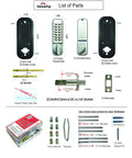 Keyless Entry Mechanical Deadbolt Lock With Passcode Required For Locking And Unlocking parts list, including spindles, strike plate, and screws