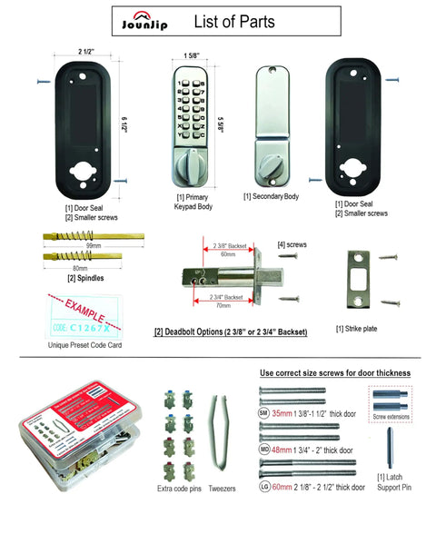 Keyless Entry Mechanical Deadbolt Lock With Passcode Required For Locking And Unlocking parts list, including spindles, strike plate, and screws