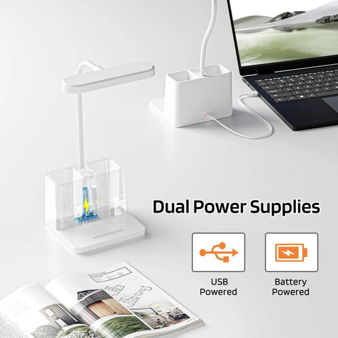 Rechargeable Tiny Desk Lamp With LED Gooseneck, Dimmable Brightness For Dorm Room Or Home Office, White Finish, Compact Pen Holder Desk Light, Ideal For Study Table And Keyboard Use For Kids And Teens