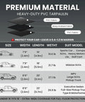 Chart showing size options for a Heavy-Duty PVC Garage Floor Mat with 610GSM and 1.2-Inch raised edges for vehicles.