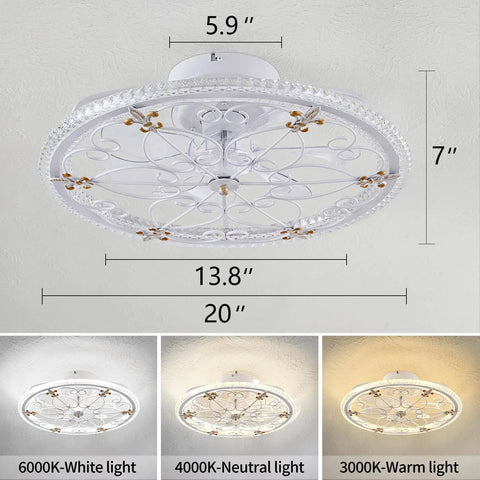 20 Inch Caged Ceiling Fan With Light Six Speeds Remote Control Low Profile Flush Mount Farmhouse Style Quiet Copper Motor For Bedroom Or Kitchen Energy Efficient Enclosed Design white fan glow