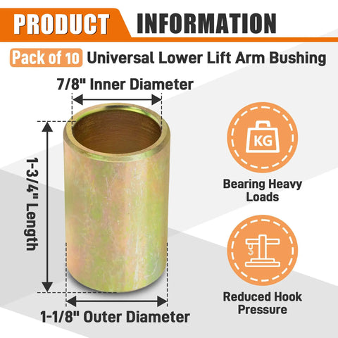 Universal Lower Lift Arm Bushing for Quick Hitch Adapts Cat I to Cat II Implement Linkage No Play Connection Fits Tractor Attachments Replaces Multiple Part Numbers 10 Pieces Set, 7/8 in ID, 1-1/8 in OD, 1-3/4 in long