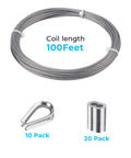One Sixteenth Inch Stainless Steel Wire Cable 100 Feet Marine Grade Aircraft Cable Wire Rope 7x7 Strand Core With Aluminum Sleeves And Thimbles