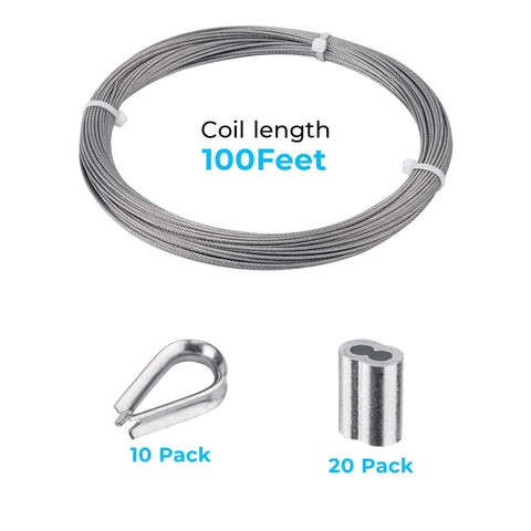 One Sixteenth Inch Stainless Steel Wire Cable 100 Feet Marine Grade Aircraft Cable Wire Rope 7x7 Strand Core With Aluminum Sleeves And Thimbles