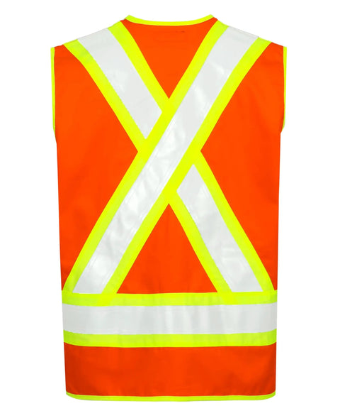Back view of High Vis FR Safety Vest Zip Front Flame Resistant Workwear ANSI Class 1 with reflective tape.
