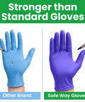 Safe Way Gloves purple nitrile disposable gloves; side-by-side with blue gloves from another brand.