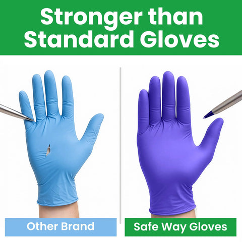 Safe Way Gloves purple nitrile disposable gloves; side-by-side with blue gloves from another brand.