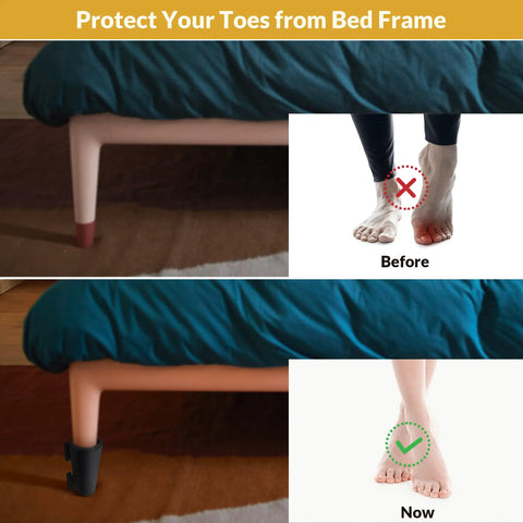 Kick Those Painful Toe Bumps To The Curb With Hella Padded Eva Bed Frame Leg Covers And Tough Toe Savers That Stop Foot Bruises While You Chill All Night Four Pack, showing before and after toe protection.