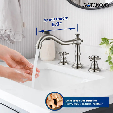 3 Hole Widespread Bathroom Faucet With Double Cross Handles, deck mount mixer tap in brushed nickel with water flow