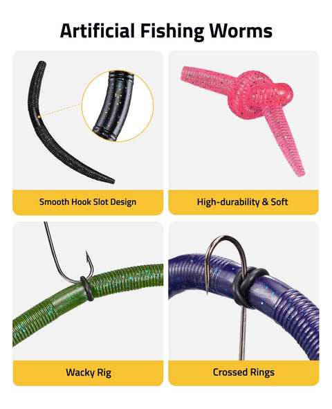 Ultimate Wacky Worm Kit For Bass Fishing With 180 Soft Plastic Lures, showing design features like smooth hook slot and durability.