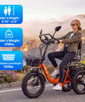 750W Fat Tire Electric Tricycle For Adults And Seniors With Three Wheels E Trike 48V 13Ah UL 2849 Battery 55 Mile Range Semi Recumbent Three Wheel With Hydraulic Brakes Premium Red Model, rider on orange frame