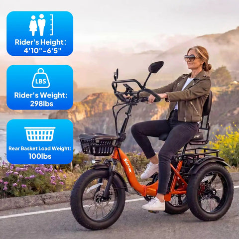 750W Electric Tricycle For Adults And Seniors With Fat Tires, 3 Wheel E Trike, 48V 13Ah UL 2849 Battery, 55 Mile Range, Semi Recumbent Design, Hydraulic Brakes, Easy Hill Climb And Smooth Everyday Ride, orange fat-tire trike with rider and rear basket