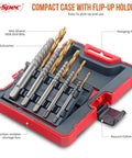 10 Piece Screw Extractors And HSS Drill Bit Set With Left Hand Spiral Flute Removers For Broken, Damaged And Stripped Screws Studs And Bolts Easy Out Included in red storage case with flip-up holders.