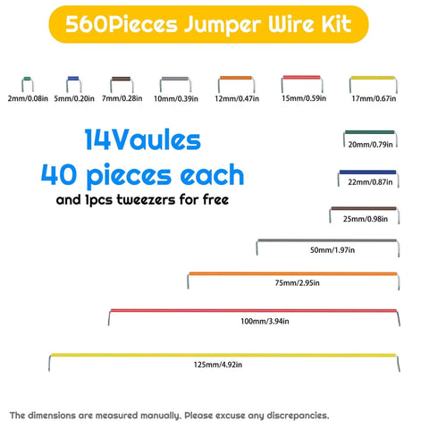 14 Value Solderless Flexible Breadboard Jumper Wire Kit with various wire lengths, labeled dimensions, and tweezers included.