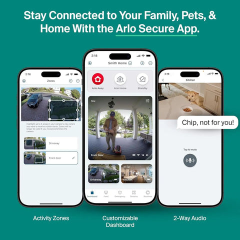 Smartphone screens displaying app for Wireless Outdoor Security Cameras 2K Battery Powered 3rd Gen Two Pack With Color Night Vision.