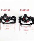 Front And Rear Mechanical Disc Brake Kit For 26 Inch Bicycles Mountain Bike Road Bike 160 Mm Rotor Post Mount Caliper Set With Hardware F160/140 and R180/160 calipers with measurements.