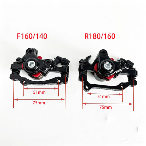 Front And Rear Mechanical Disc Brake Kit For 26 Inch Bicycles Mountain Bike Road Bike 160 Mm Rotor Post Mount Caliper Set With Hardware F160/140 and R180/160 calipers with measurements.