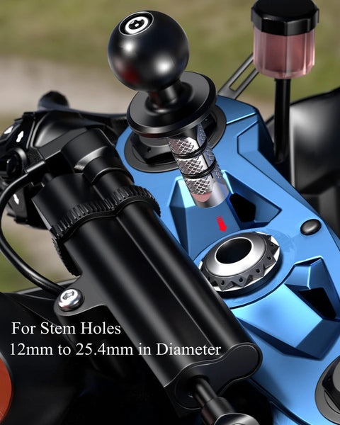 Beefy Metal Motorcycle Fork Stem Mount Base With 1 Inch TPU Ball For Stem Holes 12mm To 25.4mm installed on motorcycle