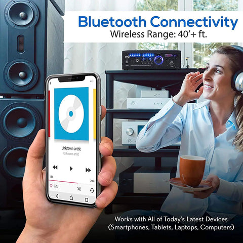 Person enjoying music via Dope Bluetooth Stereo Amplifier Receiver Delivers 2 X 120W Power For Home Audio With Front USB And SD Card Slots