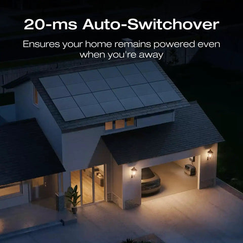 Smart Home Panel 2 Center Of Your Whole Home Backup System with solar panels on house roof at night