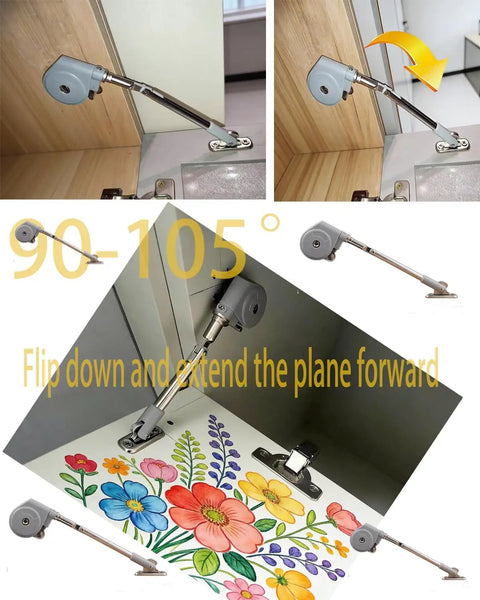 Soft Closing Cabinet Hinge With 105 Degree Pull Down Support shown installed on a wooden cabinet, demonstrating smooth soft opening.