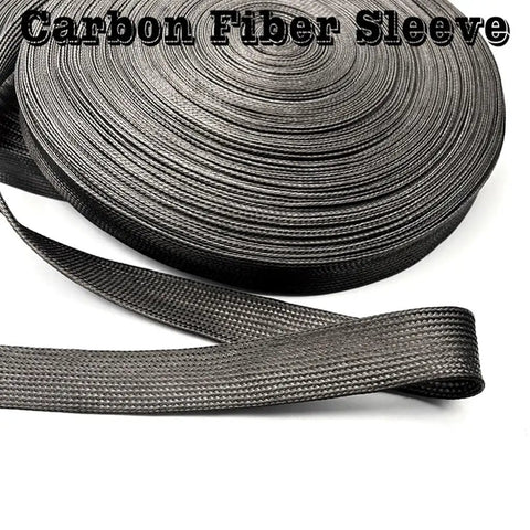 5m high density black braided carbon fiber cable sleeving for flexible wire management, coiled with 40 mm opening