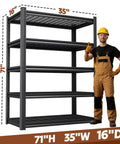 Beefy Heavy Duty Tall Garage Shelving Unit With Mesh Shelves For Airflow, Adjustable Industrial Storage Rack With 5 Ton Capacity, Metal Standing Shelves For Garage Kitchen Warehouse Basement Utility Room, 71 By 35 By 16 Inches. Black 5-shelf rack