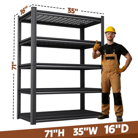 Beefy Heavy Duty Tall Garage Shelving Unit With Mesh Shelves For Airflow, Adjustable Industrial Storage Rack With 5 Ton Capacity, Metal Standing Shelves For Garage Kitchen Warehouse Basement Utility Room, 71 By 35 By 16 Inches. Black 5-shelf rack