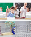 Cool Pink Acrylic Periodic Table Display With Real Elements Inside On Wooden Stand 83 Samples Gift Box Packaging Ideal For Science Teachers And Students Classroom Decor Or Home Lab Showpiece shown in classroom and lab settings.