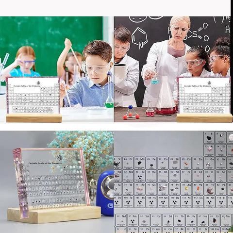 Cool Pink Acrylic Periodic Table Display With Real Elements Inside On Wooden Stand 83 Samples Gift Box Packaging Ideal For Science Teachers And Students Classroom Decor Or Home Lab Showpiece shown in classroom and lab settings.