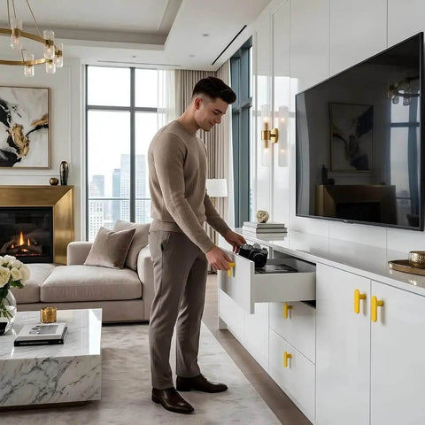 Person using Mid Century Modern L Bar Cabinet Knobs Solid Milled Aluminum Sunflower Yellow Matte Drawer Pulls For Kitchen And Bathroom Cabinetry.