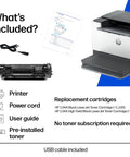 LaserJet M209dw Wireless Printer With Fast Speeds Easy Setup Mobile Printing Auto Duplex Best For Small Teams Print Black And White Documents Quickly And Reliably shown with included items like power cord, toner cartridge, and user guide.