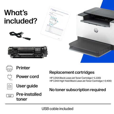 LaserJet M209dw Wireless Printer With Fast Speeds Easy Setup Mobile Printing Auto Duplex Best For Small Teams Print Black And White Documents Quickly And Reliably shown with included items like power cord, toner cartridge, and user guide.