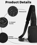 Sling Crossbody Bag With Zipper Lock And RFID Blocking Water Resistant Material Dual Anti Theft Design Perfect Everyday Carry For Men And Women Travel Buddy For Work School And Weekend Explorations, showing waterproof material details, D-shaped buckle, and padded strap.