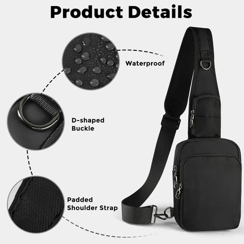 Sling Crossbody Bag With Zipper Lock And RFID Blocking Water Resistant Material Dual Anti Theft Design Perfect Everyday Carry For Men And Women Travel Buddy For Work School And Weekend Explorations, showing waterproof material details, D-shaped buckle, and padded strap.