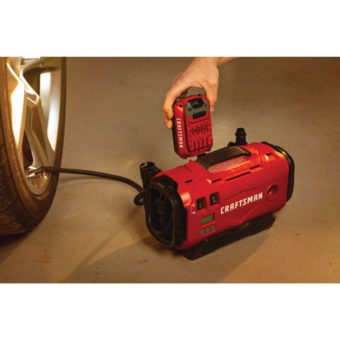 V20 Tire Inflator Portable Air Compressor With Cordless 120V Corded And 12V Car Adapter Modes used on car tire