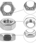 Close-up of Massive 380Pcs Hex Nuts Set for DIY Projects, highlighting 304 Stainless Steel external hex nuts, metric sizes M1 to M6.