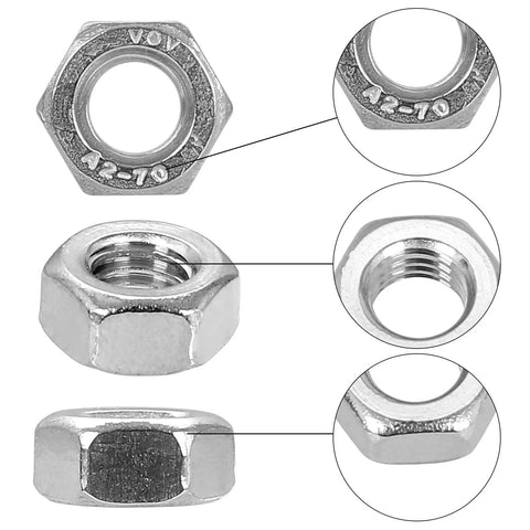Close-up of Massive 380Pcs Hex Nuts Set for DIY Projects, highlighting 304 Stainless Steel external hex nuts, metric sizes M1 to M6.