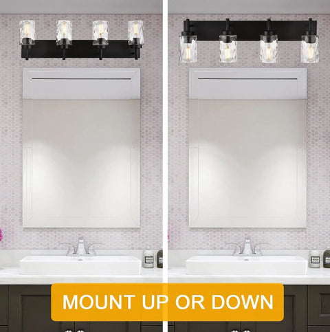 Four Light Modern Farmhouse Vanity Light With Clear Hammered Glass Shades In Black Finish for Over the Bathroom Mirror Mounting Options