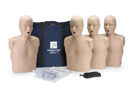 Pro Level CPR And AED Training Kit featuring four adult manikins in carry bag, practice aids for effective training.