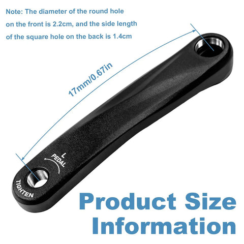 Bike Crank Arm 170mm Square Hole For Electric Bicycles Forged Alloy 6061 with size details and black finish