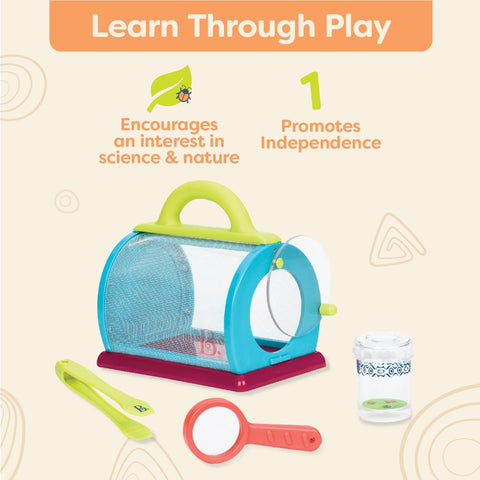 Bug Bungalow Insect Catching Kit For Kids with mesh case, magnifying container, tweezers, and magnifier on display