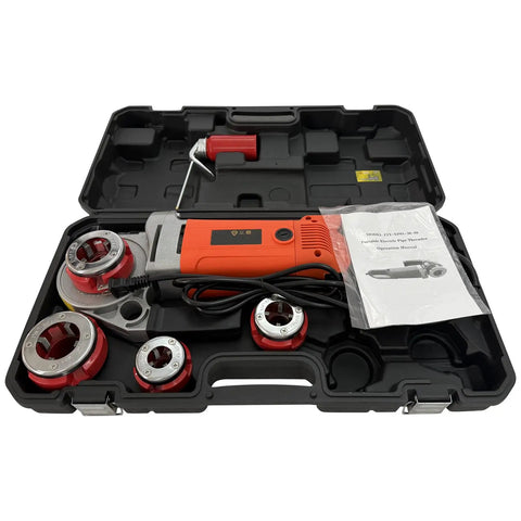Intsuprmai Portable Electric Pipe Threading Machine With Powerful 2000W Copper Motor For Precision Dry Threading Of Plumbing Pipes in case with dies.