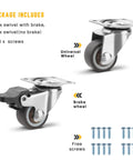 Set Of Four 1 Inch Brown Swivel Caster Wheels With Rock Solid Slick Lock Brakes And Silent Non Marking Tpe Rollers Rated For 88 Lbs Max Indoor And Outdoor Use, showing brake and universal wheels with screws.