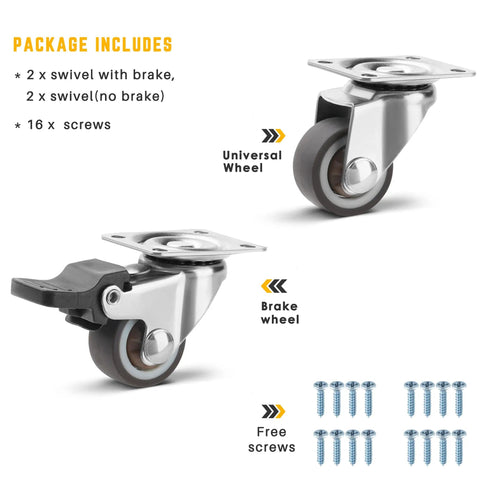 Set Of Four 1 Inch Brown Swivel Caster Wheels With Rock Solid Slick Lock Brakes And Silent Non Marking Tpe Rollers Rated For 88 Lbs Max Indoor And Outdoor Use, showing brake and universal wheels with screws.